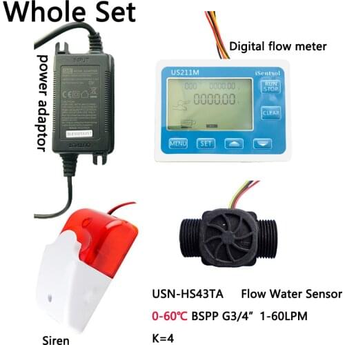 US211MA Pipe Water Suspend Alarming System & USN-HS43TA 1-60LPM Plastic BSPP G3/4" Flow Sensor Turbine Flowmeter & Siren