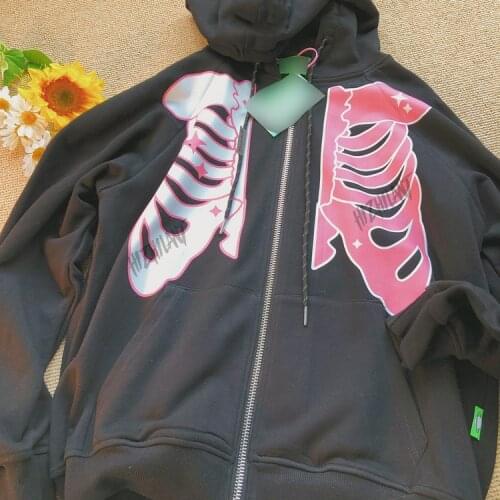 Vintage Skeleton Print Oversize Hoodies Female Zip Up Long Sleeve Womens Sweatshirt Y2K Aesthetic Kawaii Winter Grunge clothing