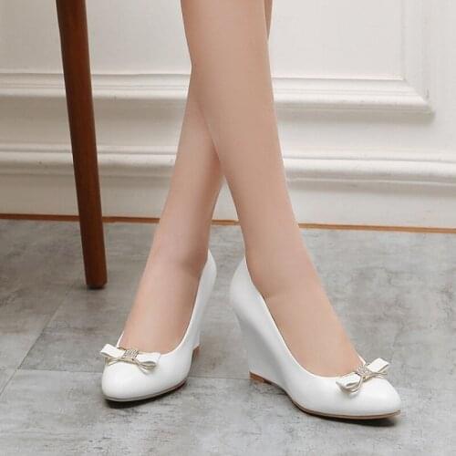 Pumps Spring and autumn new style Pointed Shallow mouth Crystal butterfly Knot High heel Wedge Womens shoe plus size 33-43