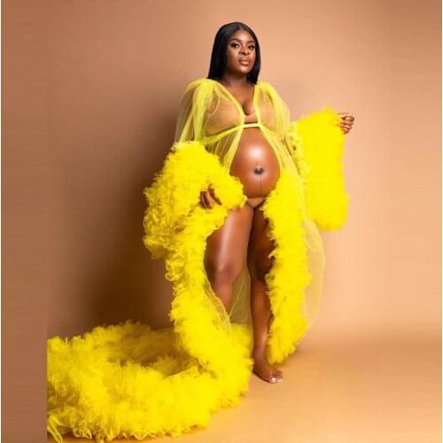 Bright Yellow Tulle Maternity Dresses Long Sleeve Women Plus Size Tulle Evening Gowns See Through Sheer Prom Dres Maternity Robe