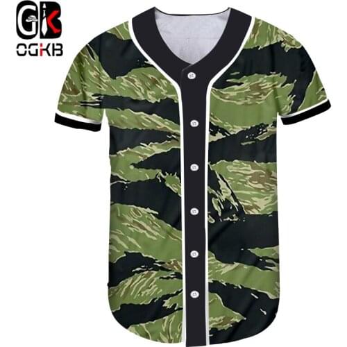 OGKB Hot Sale Fit Slim Workout Fitness Tee Shirts With Button Womens Harajuku Printed Green Camouflage 3D Baseball T-shirt Tops
