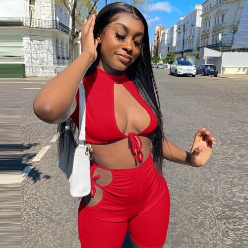 Women Sexy Solid Color Two Piece Set Ladies Half High Collar Short Sleeve Hollow Crop Top and Side Bandage Skinny Short Outfits