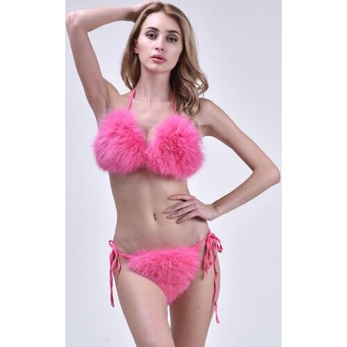 Fur Bikini Set Women Pink Real Fox Luxury Beach Wear Sexy 2 Piece Set Separate Swimsuit Bikini 2021