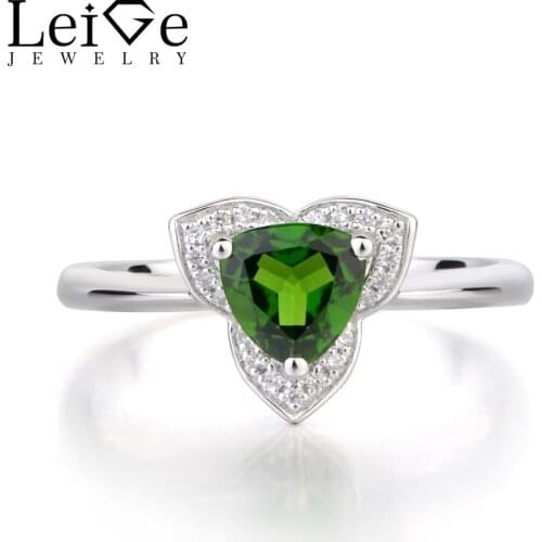 Leige Jewelry Genuine Diopside Anniversary Rings 925 Sterling Silver Ring Trillion Cut Green Fine Gemstone Ring for Women