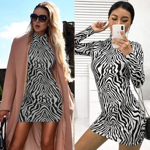 2020 New Fashion Hot Womens Bandage Bodycon Sexy Dress Zebra-stripe Long Sleeve Evening Party Club Short Mini Dress