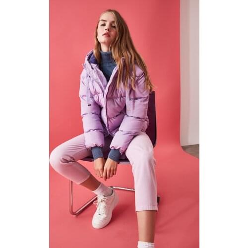 Women Lilac Hooded Inflatable Coat TWOAW21MO0022 Model Dimensions Length 1.77 Bust: 82, Waist: 59, Hip: 88