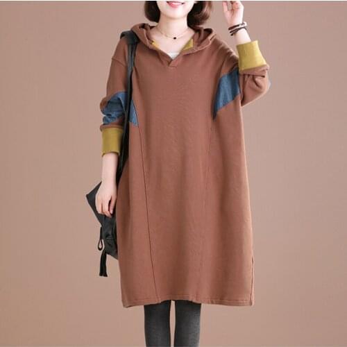 Korean loose large size popular hooded casual warm sweater 2021 fall new women color matching stitching mid-length sweater dress