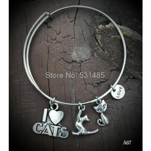 12pcs I Love Cats Adjustable charm Bangle Bracelet silver tone