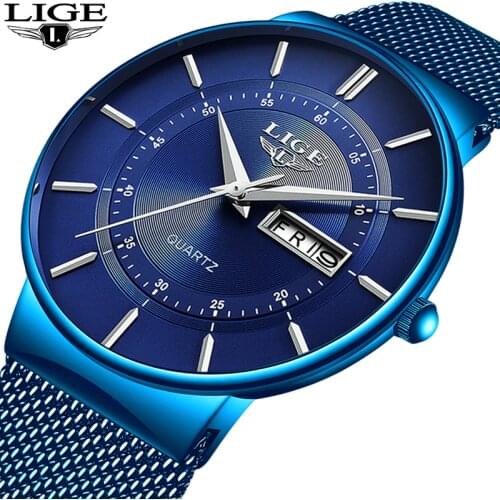 2019 LIGE New All Blue Fashion Creative Watch Mens Watches Top Brand Luxury Casual Slim Mesh Watchband Waterproof Quartz Watch