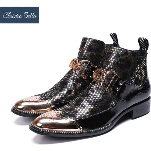 Christia Bella Solid Chain Men Shoes Genuine Leather Boots New Fashion Metal Round Toe Boots Big Size Zipper Ankle Boots