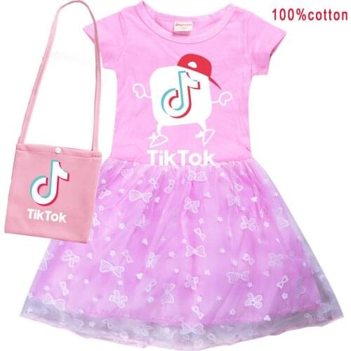 TIK TOK Girls Kids Dress+bag Colour Gauze Pleated Princess Patchwork Dress Cute Cartoon Printed Baby Child Clothes