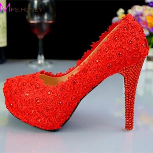 Elegant Lace Flowers High Heeled Shoes Wedding Dress Shoes Bridal Wedding Shoes Red Suede Leather Shoes Lady Prom Shoes