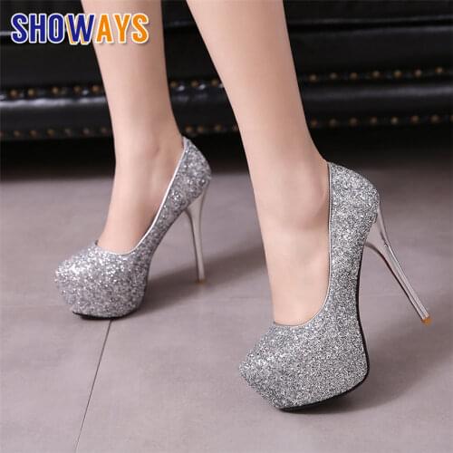 Elegant Gold Silver Women Platform Pumps 13.5cm High Thin Heels Red Sequined Cloth Wedding Party Lady Sexy Pointed Toe Stilettos
