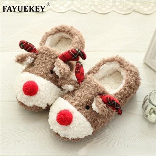 FAYUEKEY Autumn Winter Home Cartoon Christmas Elk Deer Soft Plush Slippers Women Indoor\ Floor Female Bedroom Shoes Girls Gift
