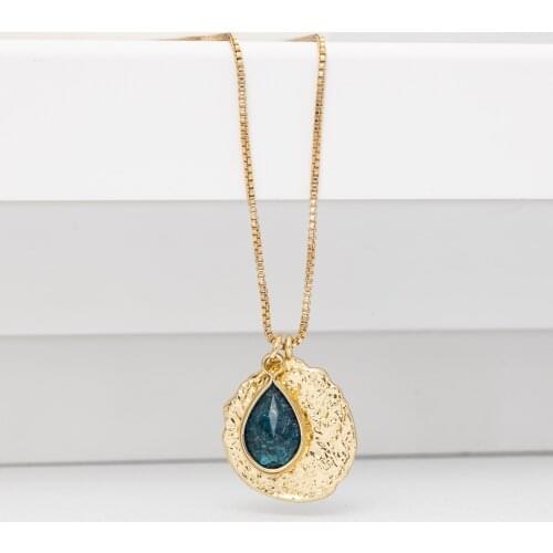 Jaeeyin 2021 Fashion Blue Tear Pendant Gold Color Box Clavicle Chain Minimalist Bohemia Hammer Surface Coin New Arrival Jewelry