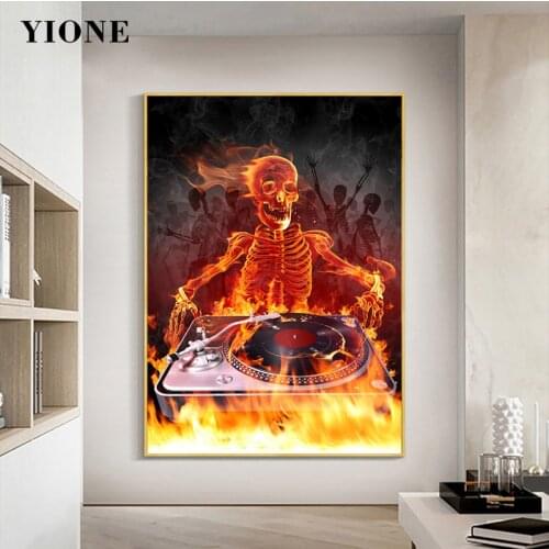 Fire Skeleton Canvas Paintings Abstract Music Soul Skull Dark Posters and Prints Wall Art Pictures for Living Room Bedroom Decor