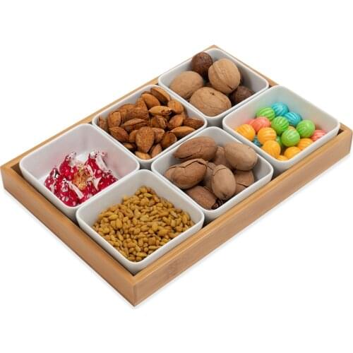 Ceramic Porcelain Condiment Dishes with Wood Tray Ramekins Cups Snack Appetizer Tray Sauce Dish Plate Dessert Bowls