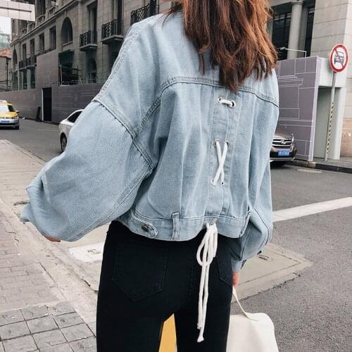 Harajuku Boyfriend Denim Jacket Female Korean Women Jean Jacket Short Coat Back Strap Oversize Outerwear Loose Bomber Jacket