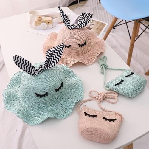 Summer baby casual eyes straw hat and bags children kids girl 2pcs set Butterfly sun hat and Shoulder bag for beach