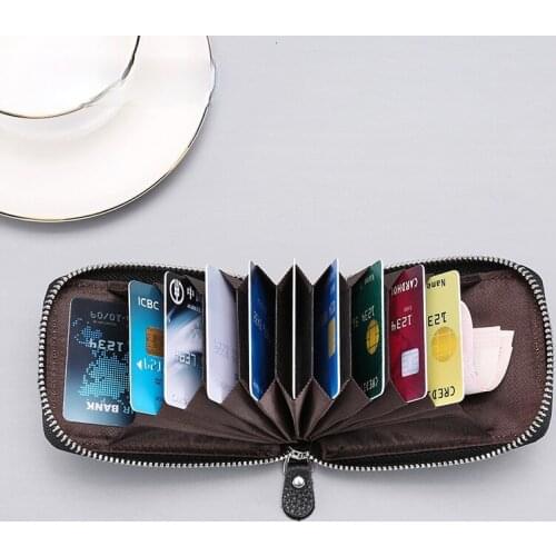 Genuine Leather Anti-Degaussing Credit Card Holder Women Men Retro RFID Zipper Coin Pocket Wallet Organ Multiple Card Slots Case