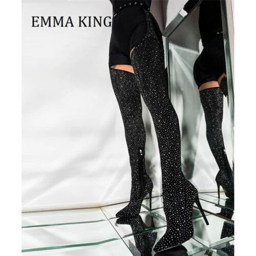 Autumn Women Belted Thigh High Stiletto Chap Boots Fall Crystal Elastic Over The Knee Botas Pointed Toe Buckle Strap Woman Shoes