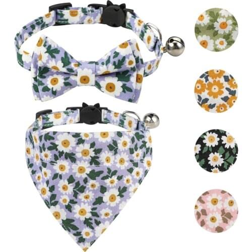 Summer Floral Cat Collar with Bell Daisy Pattern Pet Kitten Necklace Accessories Adjustable Safe Breakaway Clasp Puppy Bow Tie