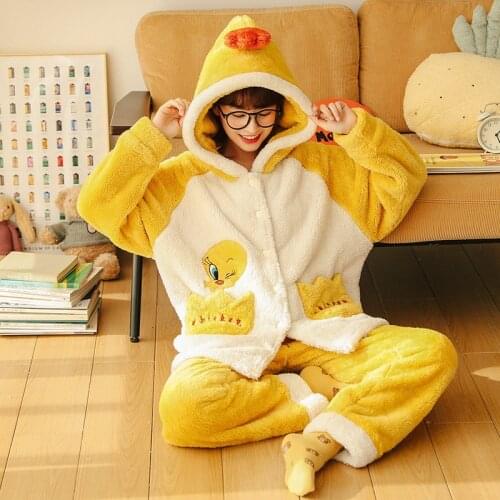 2021 Winter Women Pajamas Set Flannel Pyjamas Two-piece Cartoon Chick Bear Sleepwear Thicken Cute Loose Pijama Korean Hoodies