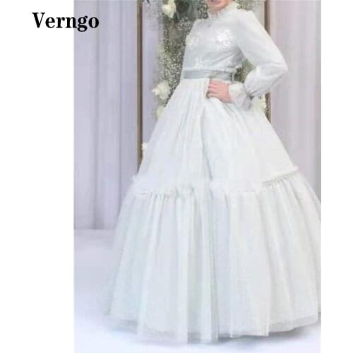 Verngo Princess Dotted Tulle Long Sleeves Flower Girls Dresses High Neck Tiered Skirt A Line Girls Pageant Gowns Formal Dress