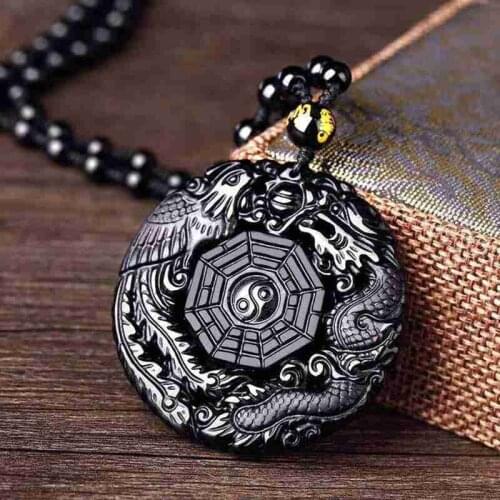 Black Obsidian Carving Dragon and Phoenix Necklace Pendant Obsidian Good Luck Pendants