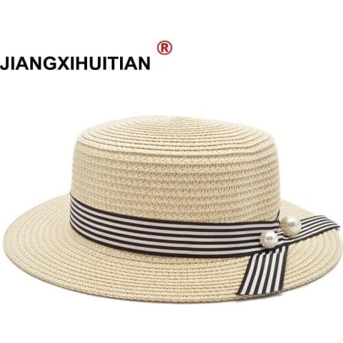 New Lady Boater sun caps Ribbon Round Flat Top Straw beach hat Panama Hat summer hats for women straw hat snapback gorras