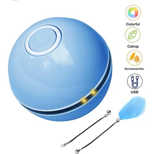 Smart Interactive Cat Toy Colorful LED Self Rotating Ball With Catnip Bell and Feather Toys USB Rechargeable Cat Kitten Ball Toy