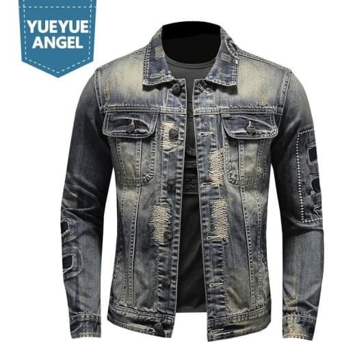 Vintage Men Hole Ripped Patch Denim Jacket Slim Fit Moto Biker Jean Coat Harajuku Streetwear Casual Cowboy Jackets Plus Size 5XL