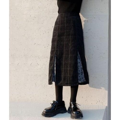 High Waist Skirt Autumn Winter Corduroy Plaid Skirts for Women Split Butterfly Floral Midi Skirt Fashion Female Long Skirt Women