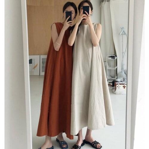 Women Summer Vintage Cotton and Linen Long Tank Dress Sleeveless Loose Waist Large Hem Round Collar Midi Sundress