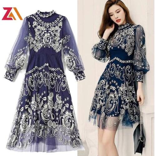 Designer Vintage Ladies Party Dresses High-quality Embroidery Long Sleeve Totem Retro Mesh Navy Midi Dress Clothes Plus size 2XL