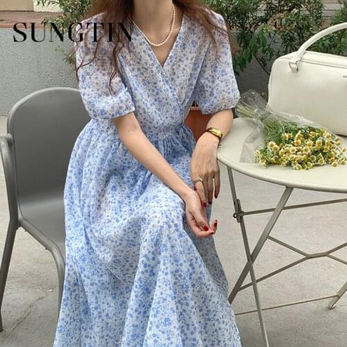 Sungtin Summer Vintage Spaghetti Print Dresses Women Fashion Lantern Sleeve Bandage Maxi Dress V Neck Korean Vestido Feminino