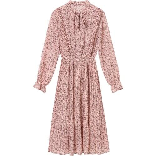 2020 Spring Summer New Chiffon Dress Women Casual Bow Long sleeve Floral Long Dress Elegant Dresses Women Vestidos Tide D3380