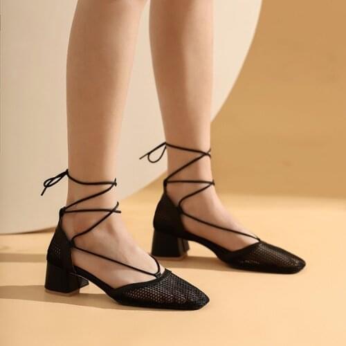 2021 summer new square mesh cross strap versatile high heels fashion show Roman sandals womens shoes