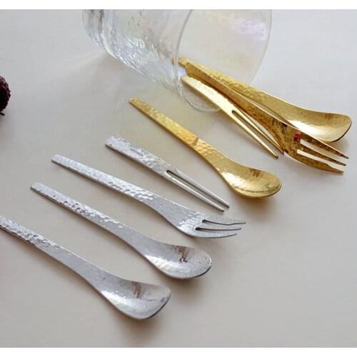304 Japanese Style Design Metal Tableware Hammer Mesh Spoon Cake Fruit Fork Stainless Steel Dessert Coffee Spoon Teaspoon