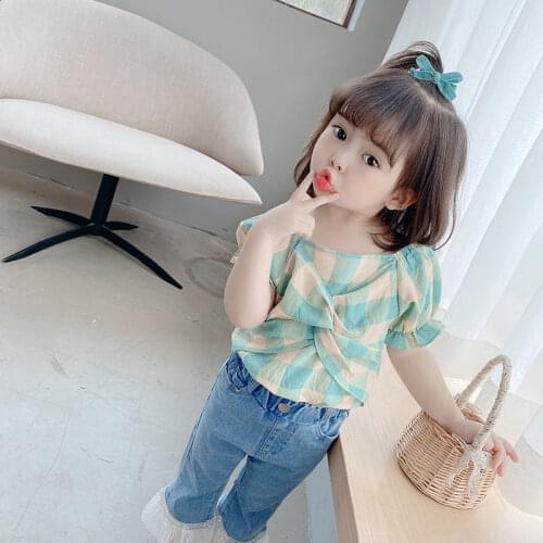 Baby Girls Plaid Blouses Shirts 2021 New Kids Girls Summer Tops Puff Sleeve Korean Style Children Princess Black Green Blouses