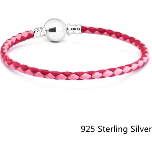 CKK 925 Sterling Silver Mixed Pink Woven Double Leather Bracelets Jewelry Making Fits For Beads And Charms