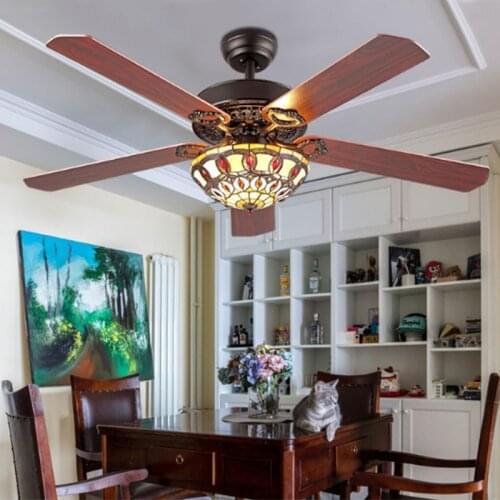 COLORFUL glass shade 52 inch brown wood blades CEILING FANS lights Vintage Tiffany Stained Glass Flowers Downlight Ceiling Fans