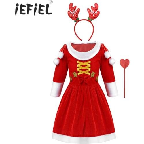 Kids Christmas Dress for Girl Halloween Christmas Cosplay Santa Claus Elf Dress Magic Wand and Headband Children Clothes Set