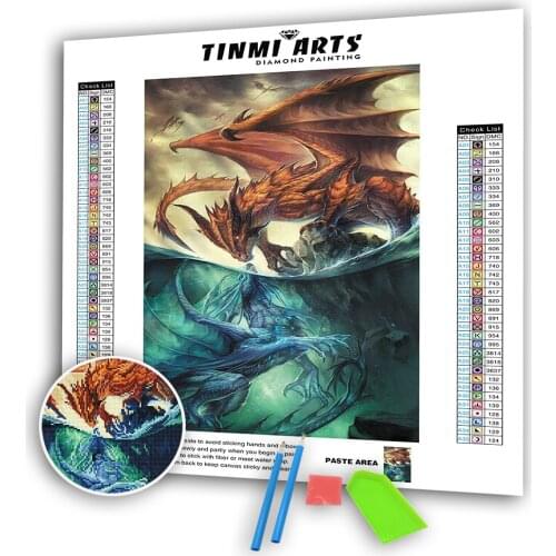 5D DIY Full Round Diamond Paintings Animal Water Dragon Fire Dragon Fight Mosaic Art Kits Embroidery Sticker Decoration Home