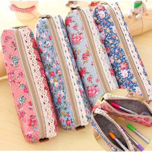 Korea Stationery Retro Canvas Bags Floral Dot School Pencil Case Kawaii Bag Supplies