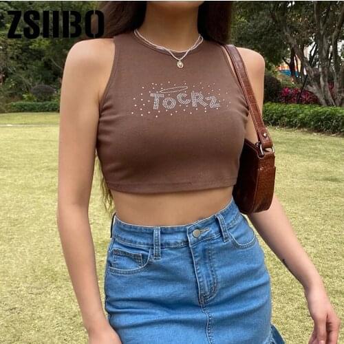 Brown Vintage Y2K Tank Top Kawaii E Girl Clothes Sleeveless Slim Sexy Summer Tops Harajuku clothes ins Women Diamond Letter Cute
