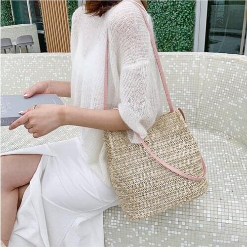 Fashion Women Straw Shopping Bags Crossbody Tote Bags Knitted Straw Satchel Bucket Handbag Boho Ladies Woven Bags Rattan Bag