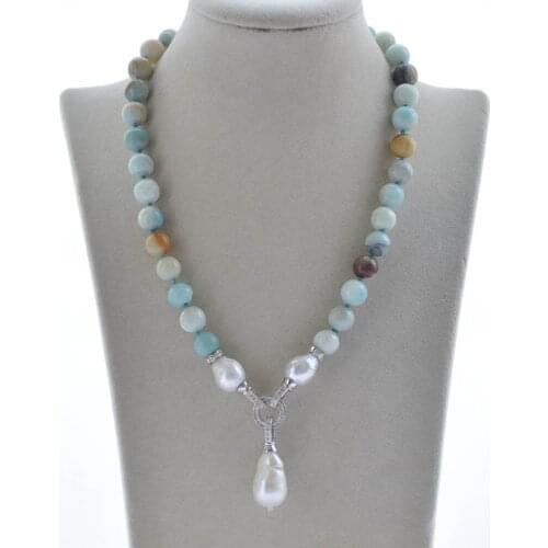 MTC·STAR Z10291 18" Round Amazonas Stone White Keshi Pearl Necklace Pendant CZ