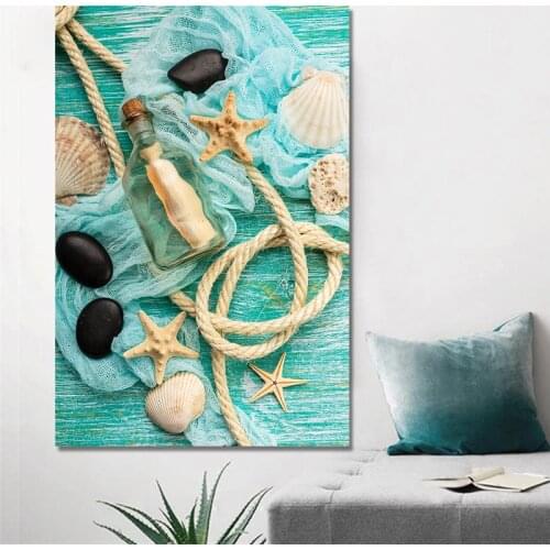 Canvas Wall Art Starfish Shell on Teal Board Painting Prints Beach Nature Picture Home Kitchen Bathroom Living Room Wall Décor