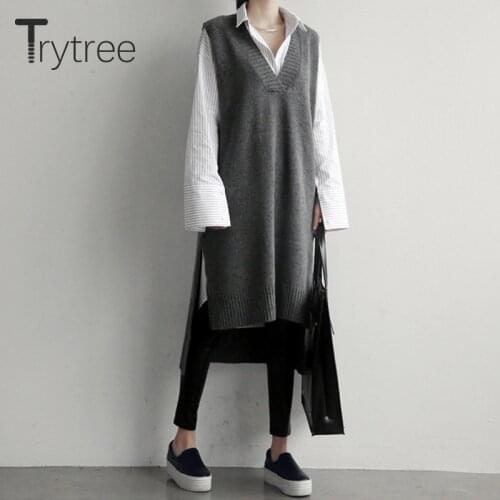 Trytree 2020 Autumn Winter Casual Solid Women Dress V-neck Loose Womens Dress Office Lady Knitted Long Sweater Vest Women Dress